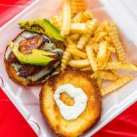 Ti Bob Burger · A decadent beef patty topped with Pepper Jack cheese, caramelized onions, sweet plantains, a...