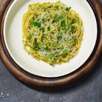The Besto Pesto Pasta (Spaghetti) · Fresh basil leaves, garlic, grated parmesan cooked with Spaghetti.