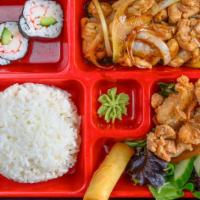 Chicken Teriyaki Bento Box (Dinner) · Fried squid, gyoza, California roll, salad and miso soup.