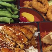 !7 Katsu Shrimp (Lunch) · Steak don, gyoza, Edamame, salad and miso soup.