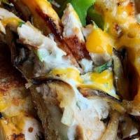 Fajita Grilled Cheese · jalapeno cheddar bread, chicken, peppers and onions, cheddar, jack cheese and cilantro-lime ...