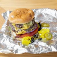 Double Cheese Burger · Fresh meat, cheese, lettuce, tomatoes, pickles, onions.