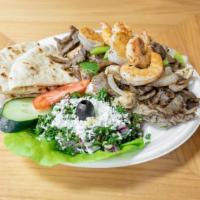 Larena Special Plate · 5pcs of grilled shrimp, chicken and gyro, rice, salad, pita bread & ranch or cucumber sauce....