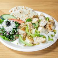 Chicken Plate · Chicken, rice, salad, pita bread and ranch or cucumber sauce. Grilled Onion and Green Pepper