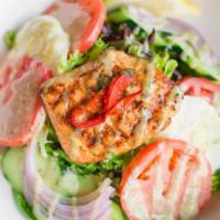 Grilled Salmon Salad · Grilled Salmon on mixed greens, bufala mozzarella, tomatoes, cucumbers,       . peppers, and...