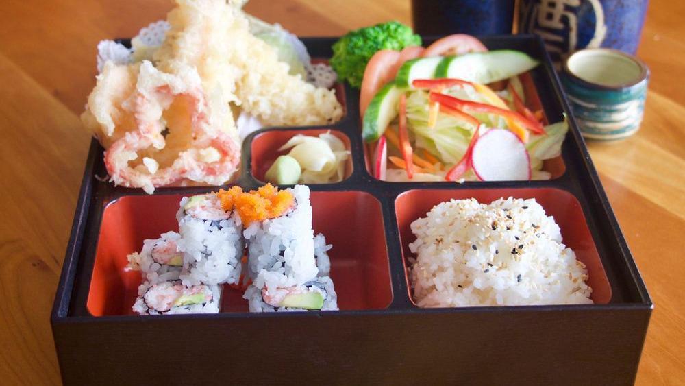 Veggie/Shrimp Tempura Bento · Lightly battered and fried vegetables or shrimp and vegetables for an additional charge, 6 pieces of California roll, tempura sauce, rice and green salad.