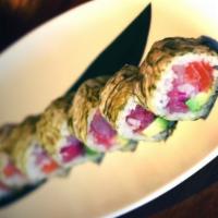 21) Submarine · Spicy crunchy tuna roll; topped with crabmeat with mayo, tobiko, spicy sauce and Japanese BB...