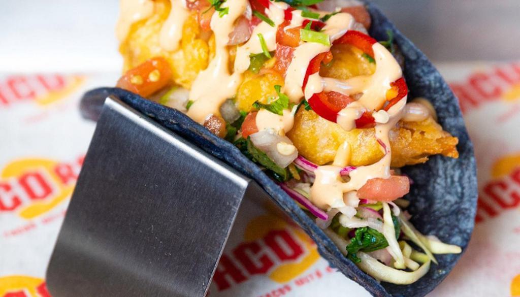 Shake Down Shrimp · flash fried shrimp, shredded cabbage, pico. de gallo, chipotle ranch, cilantro, pickled. fresno