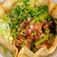 Chicken Salad Bowl · lettuce, beans, roasted corn pico, cilantro,. guacamole, jalapeno salsa, served in a tortill...