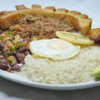 Bandeja Paisa Con Carne Molida · Ground beef, beans, rice, pork ring, egg, sweet plantain, avocado, sausage and corn cake.