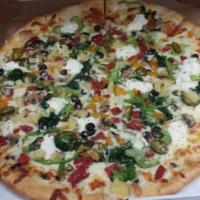 The Works Pizza · Mozzarella cheese, secret recipe pizza sauce, sausage, green peppers, pepperoni, ham, black ...
