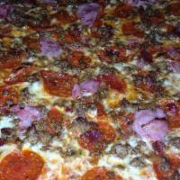 Meat Fest Pizza · Pepperoni, ground beef, ham, sausage and bacon with mozzarella cheese and pizza sauce.