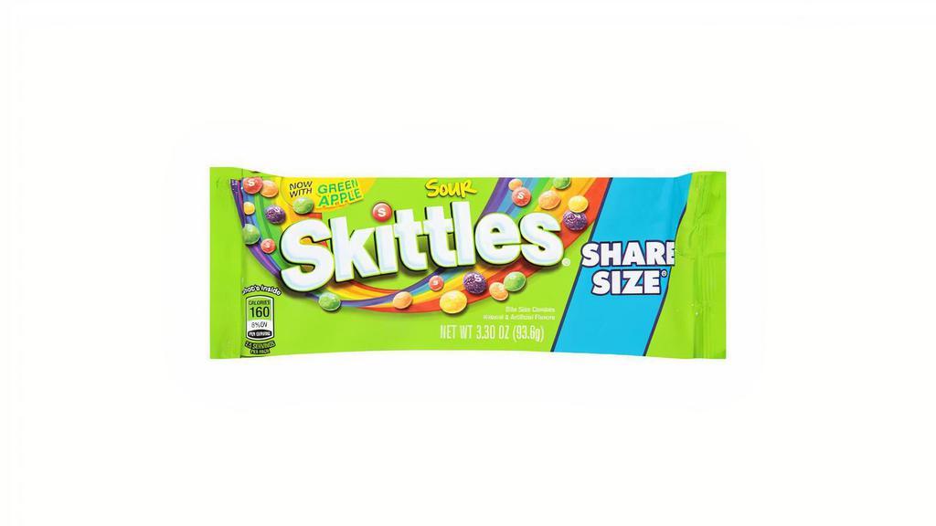 Skittles Sour Share Size 4Oz · Made to celebrate the other side of sweet, Sour Skittles candy offers a tangy twist on our Original mix and includes sour strawberry, sour green apple, sour lemon, sour orange and sour grape flavors.