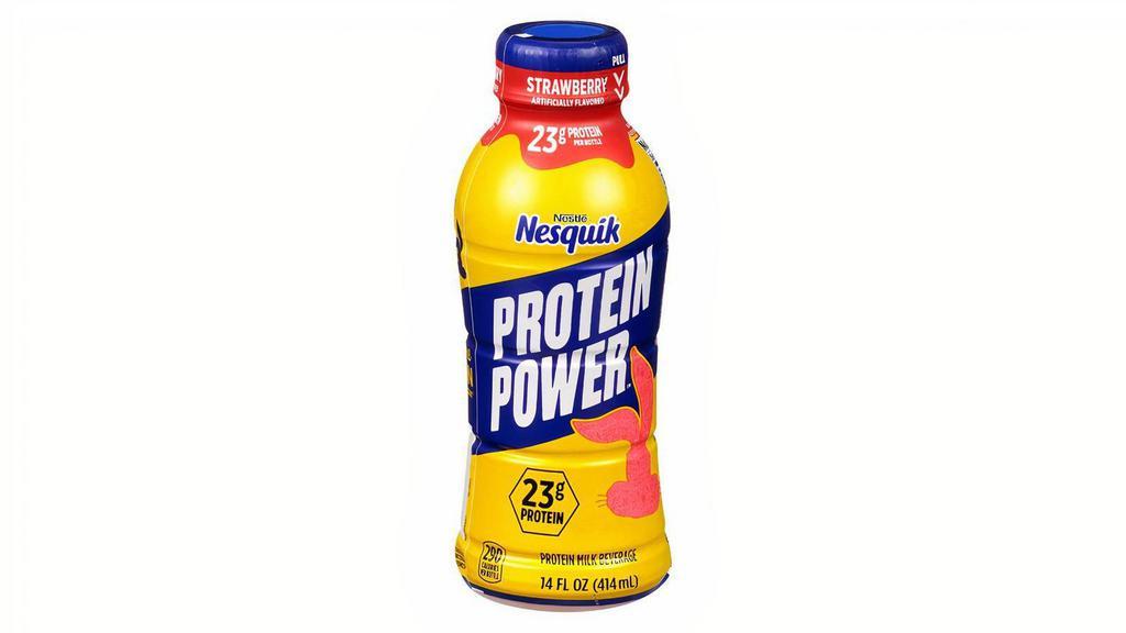 Nesquik Protein Strawberry 14Oz · Nesquik Protein Power is made with real milk and has 23 grams of protein in each bottle. This protein milk beverage delivers an irresistibly delicious strawberry Nesquik flavor that will delight your taste buds.