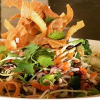 Asian Chop Salad · Fresh cabbage, broccoli, carrots, green beans, cilantro, fried wontons. Sesame-ginger vinaig...