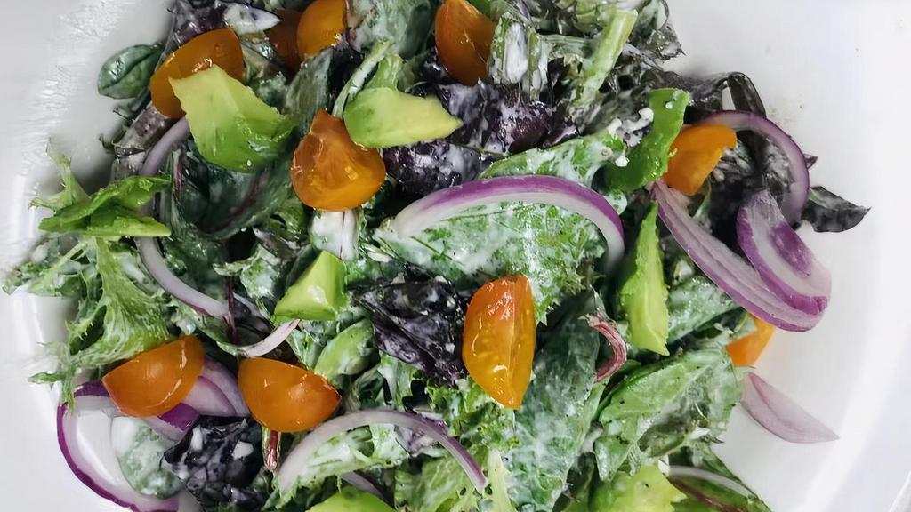 Feta Salad · Organic mixed greens, cherry tomato, shaved red onion, feta-buttermilk dressing.