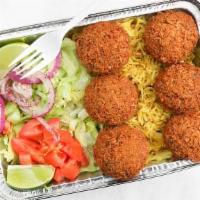 4-Falafel Plate · Gluten-free. falafel & rice & salad with white sauce and spicy sauce.