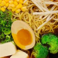 Kids' Miso Veggie Ramen · Miso Base with our clear Vegetable Broth.  Comes with Broccoli, tofu, corn, bean sprouts, eg...