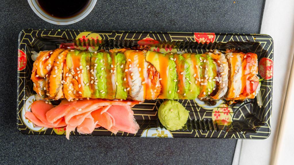 Black Dragon Roll · Sushi wrapped with shrimp tempura and cucumber topped with eel and avocado. Sliced in 8 pieces.

Consuming raw or undercooked meat, poultry, egg, shellfish or seafood may increase risk of foodborne illness.