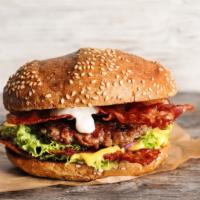 Bacon Cheeseburger · Juicy, grilled burger with crispy bacon, American cheese, fresh lettuce, tomatoes and onion,...