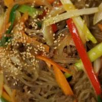 Japchae · Sweet, and savory dish of stir-fried glass noodles, marinated rib eye beef and vegetables.