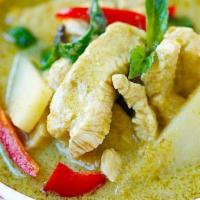 Green Curry · Spicy. Choices of protein with green curry paste, coconut milk, sweet basil, bamboo shoots, ...