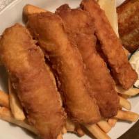 Fish & Chips · Includes choice of salad or coleslaw with fries and hot roll.