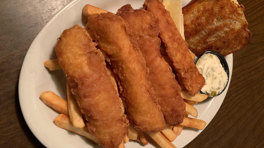 Fish & Chips · Includes choice of salad or coleslaw with fries and hot roll.