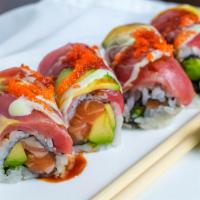 Sunrise Roll (8 Pieces) · Spicy. Spicy yellowtail and crunch inside, salmon, and avocado outside finish with eel sauce...
