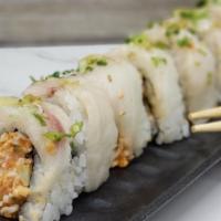 So Happy Roll · A spicy mix of tuna, albacore and imitation crab topped with sliced yellowtail, yuzu pepper,...