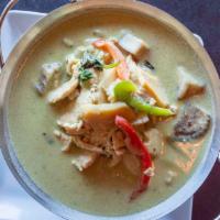 Gang Keaw Wan · Homemade green curry with coconut milk, eggplant, string beans, and bamboo shoots. With your...