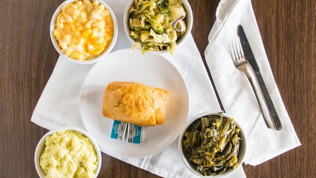 Mom'S Sides Platter · Your choice of four of our house-made side dishes and our sweet mini-loaf cornbread.
