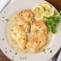 Chicken Francese Catering · Chicken breast sautéed with white wine, lemon, and butter. Supersized for your party.