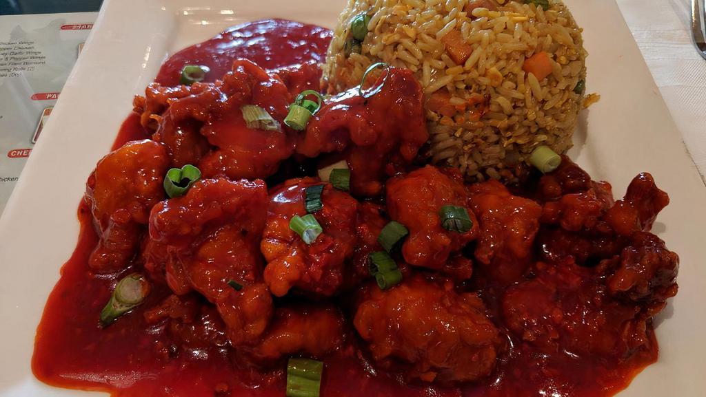 Chili Chicken · Deep fried chicken pieces tossed in a chili sauce with Indian spices.