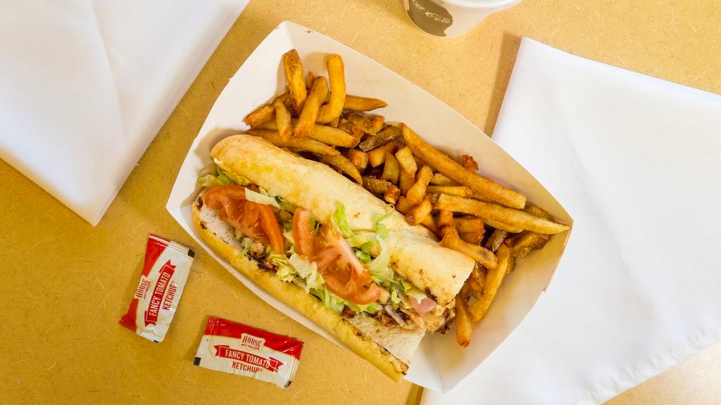 Chicken Cordon Bleu Combo · Chicken breast, grilled ham, honey mustard, mayo, Swiss cheese, tomato, and lettuce. With fries and Pop.