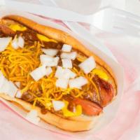 Hunky Chili Dog · All beef Texas chili, cheddar cheese, onion, mustard.