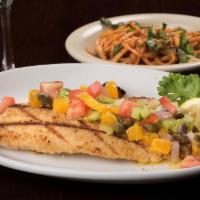 Gluten Free Tilapia Alla Fresca · Lightly dusted with gluten free coating, grilled and topped with tomatoes, capers, oranges, ...