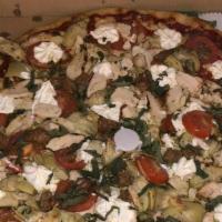 Skinny Greek Pizza · Fresh spinach, onions, olive oil and feta white cheese.and artichoke