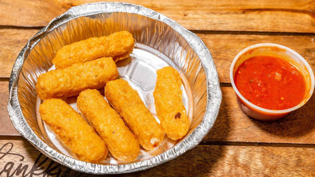 Mozzarella Sticks · Deep-fried cheese sticks. Crispy on the outside, gooey on the inside. Served with a side of marinara sauce.