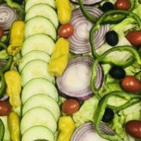 Garden Salad · Fresh lettuce, tomatoes, green peppers, red onions, cucumbers, and black olives.