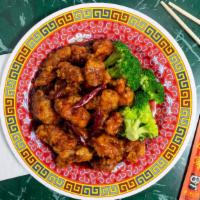 General Tso · Chunks of lightly batter fried chicken sauteed in spicy sauce. Hot and spicy.