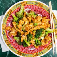 Chicken With Broccoli · Slices of chicken with fresh broccoli, stir-fried in brown sauce. Served with white rice.