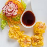 Thai Dumpling (4 Pieces) · Steamed ground shrimp or pork wrapped with wonton skin. Serve with light brown sauce.