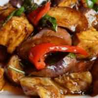 Eggplant With Black Bean Sauce · Stir-fried eggplant, basil, bell pepper, carrot, and onions with black bean sauce