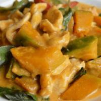 Pumpkin Curry · Red curry paste cooked with coconut milk, pumpkin, bell peppers and sweet basil