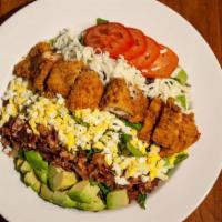 Cobb Salad · Mixed Greens - Fried Chicken - Blue Cheese Crumbles - Tomato - Black Pepper Bacon - Avocado ...