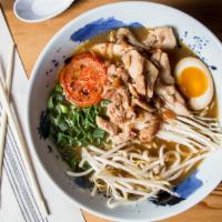 Shoyu Ginger Chicken · Chicken, enoki mushrooms, roasted tomato, bean sprouts, green onion, shoyu cured egg.