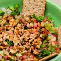 Çoban Salad · Salad with tomatoes, peppers, onion, parsley, cucumber, almonds, walnuts and lemon and oil d...