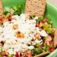 Çoban Salad With Feta · Salad with tomatoes, peppers, onion, parsley, cucumber, walnuts, almonds and lemon and oil d...
