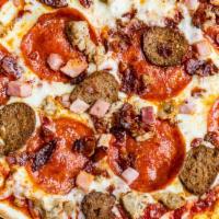 Mizza · Bacon, Ham, Pepperoni, Homemade Meatballs 
& Italian Sausage